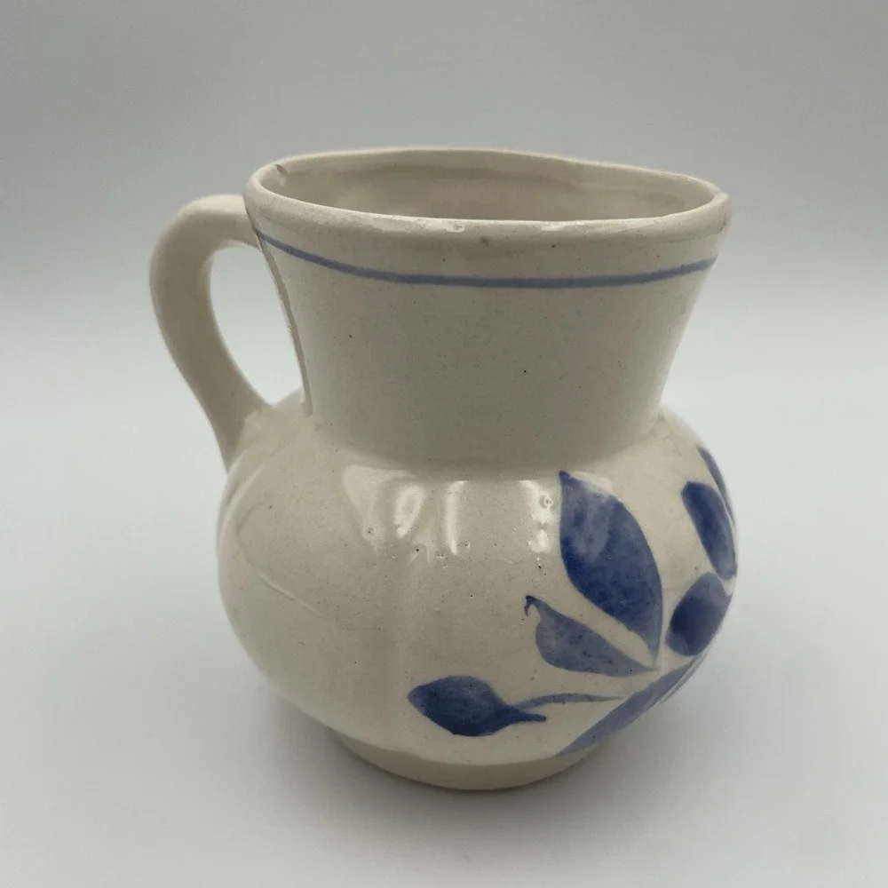 Blue & White Stoneware Mug/Vase- Blue Floral On Cream Mug Unmarked Vintage 10 Oz